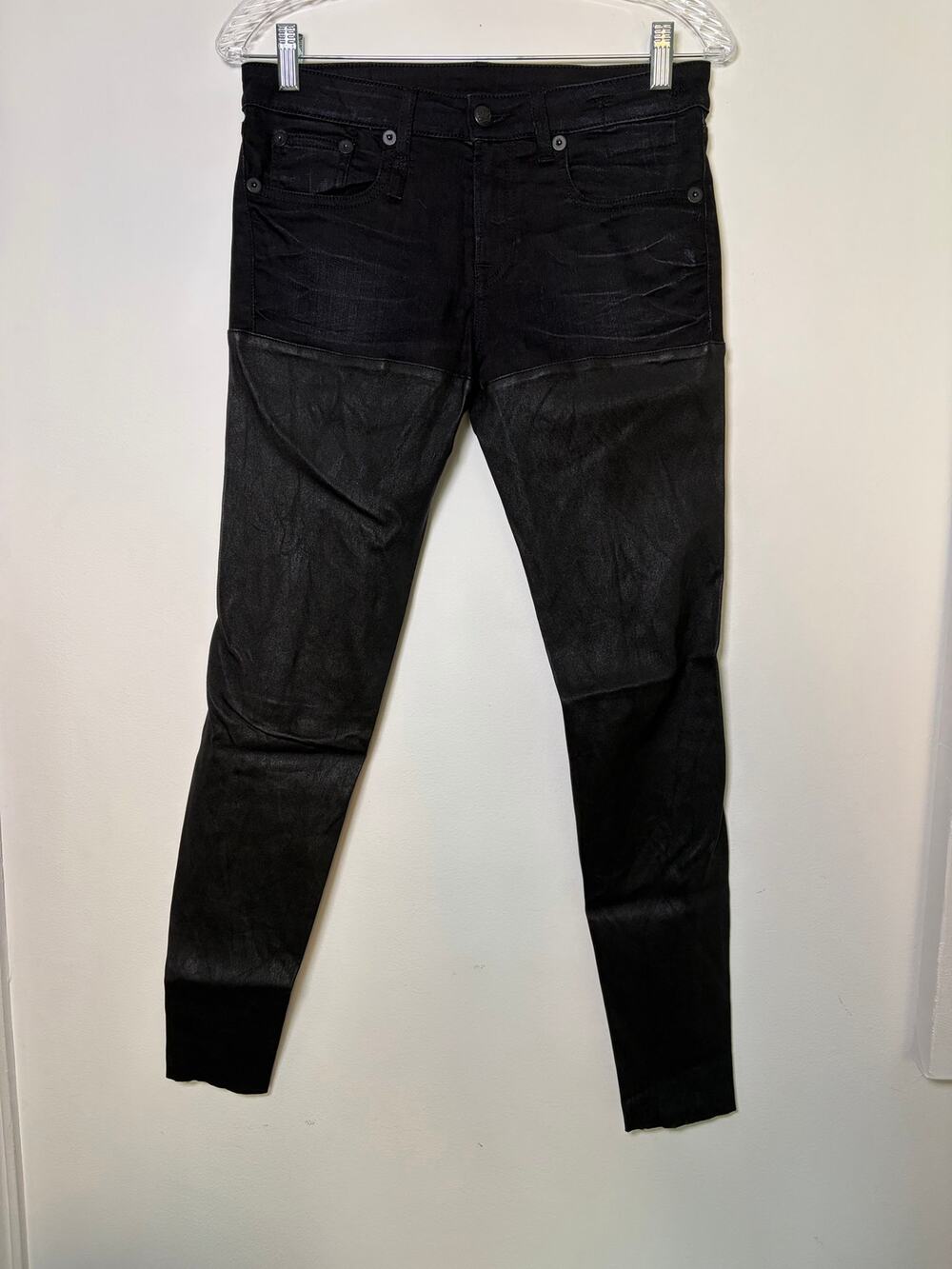 R13 Black Leather-Denim Skinny Pants - Size 27"